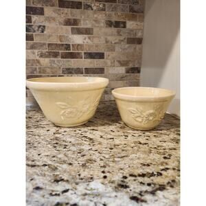 Yellow Ware Vintage Ceramic 2 pc Serving Bowl Set Embossed Floral Unmarked